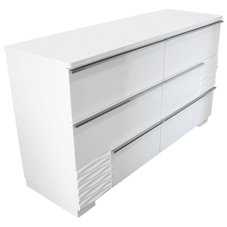 Athen 55" 6-Drawer Dresser with Chrome Pull Handles, White High Gloss Lacquer Finish