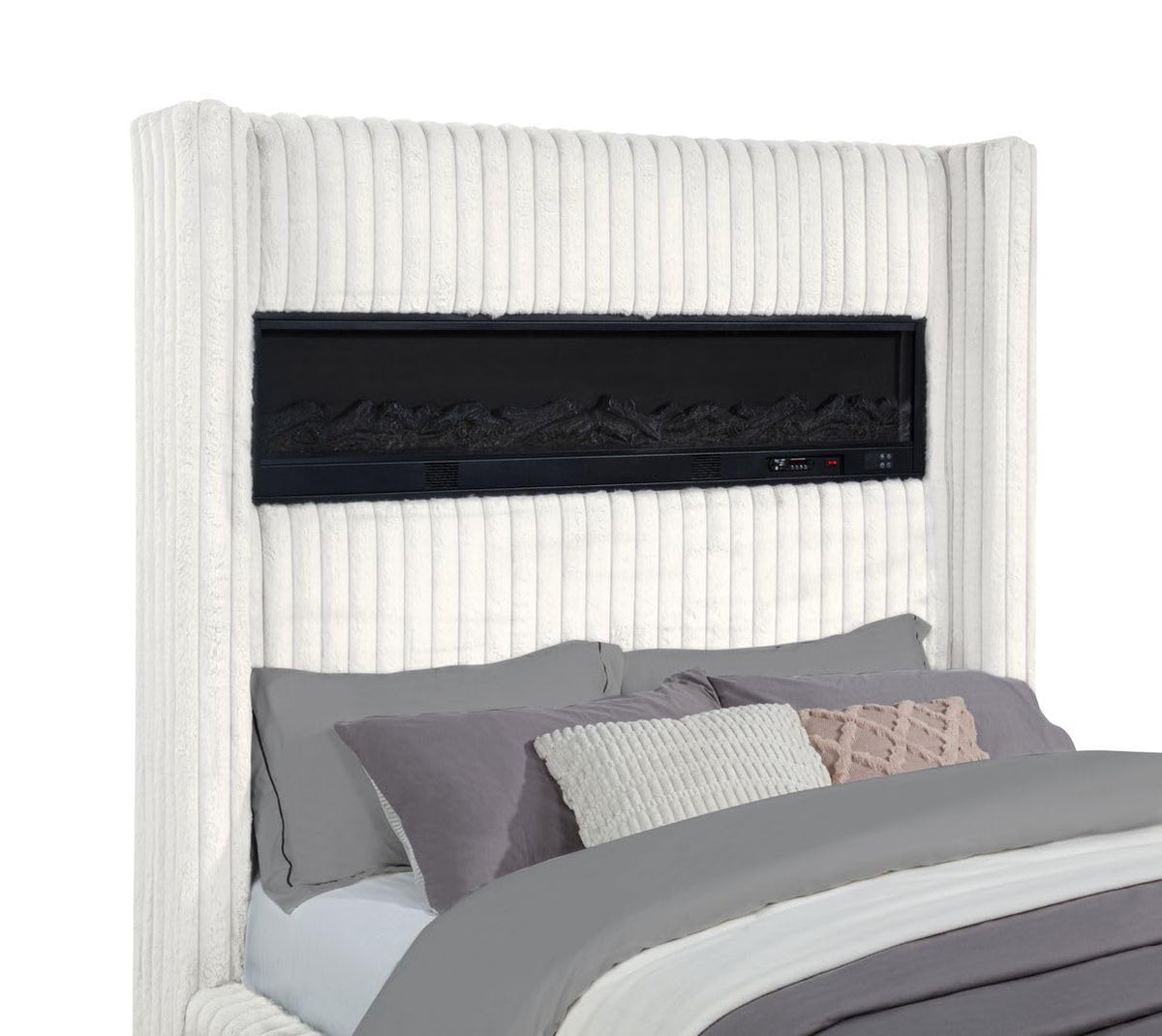 Uphoria Rabbit Velvet Upholstered Bed Frame, King, Vertical Chanel Design in Cream - room setting