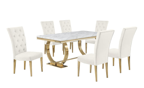 Lexington 7-Piece Rectangle Dining Set with 6 Velvet Upholstered Chairs, Modern Contemporary Design in Cream/Gold