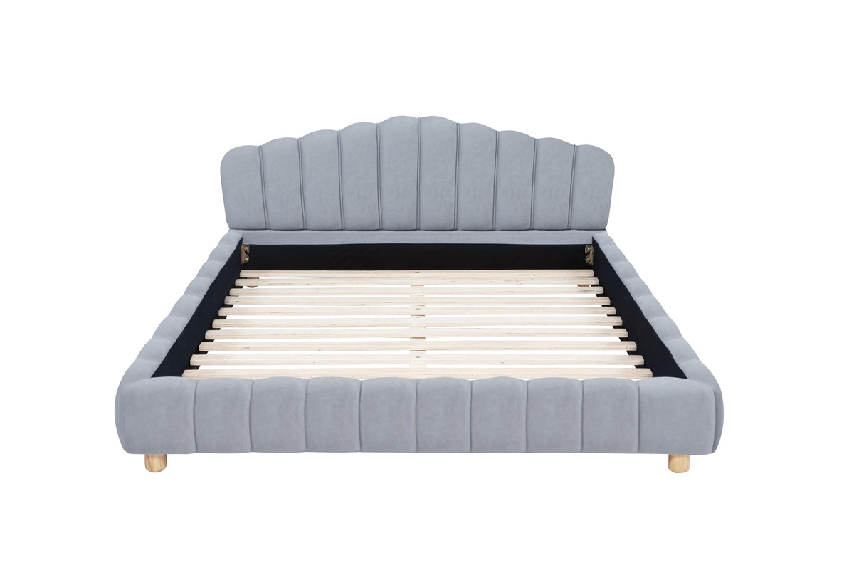 Ctera Queen Velvet Bed Frame with 30" Shell-Shaped Headboard, Low Profile in Light Grey - detail view - Light Grey