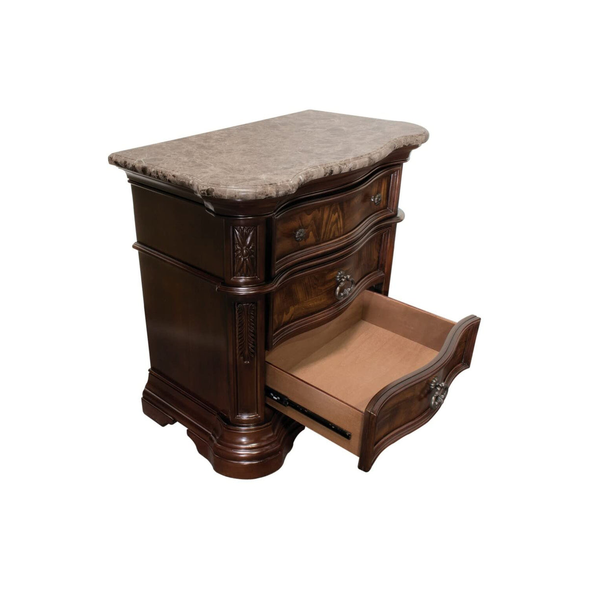 Bathory 3 -Drawer Walnut Solid Wood Nightstand 30 in. H x 32 in. W x 18 in. D B1003WN - detail view