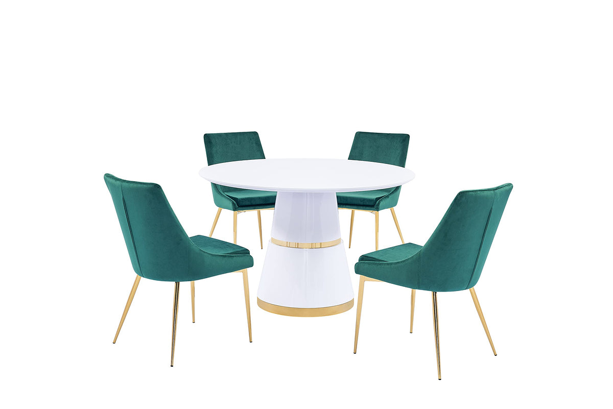 Treina Mid-Century Modern White Laquered 5 Pcs Round Dining Set in Green - front view