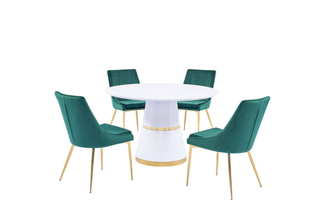 Treina Mid-Century Modern White Laquered 5 Pcs Round Dining Set in Green - front view
