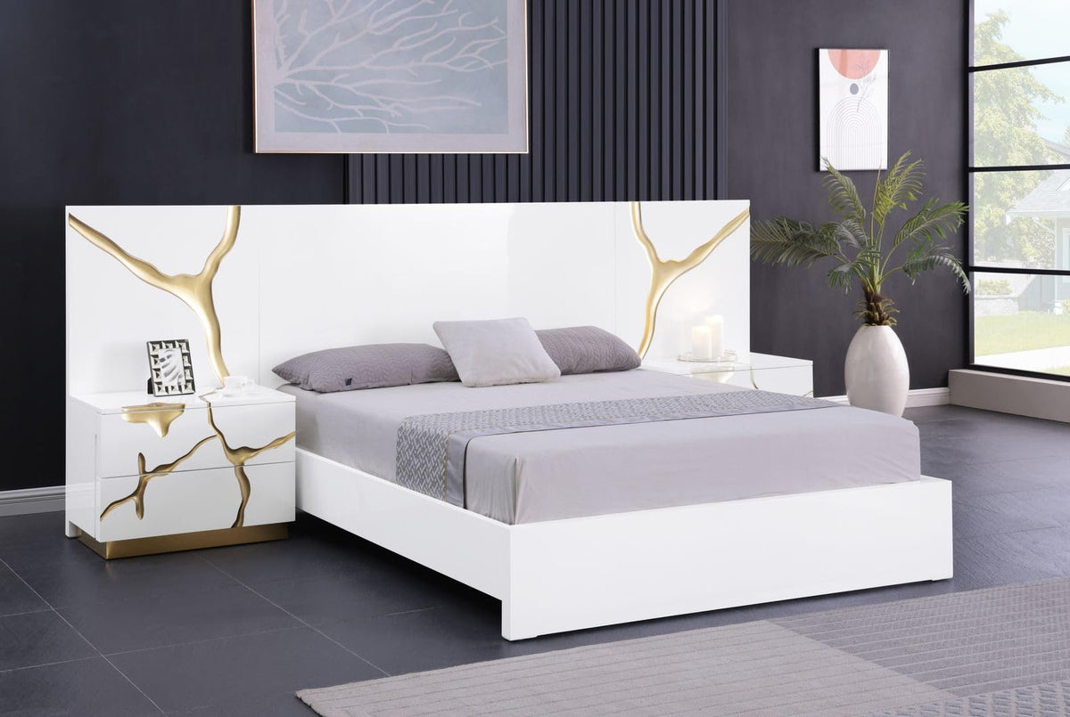 Trevello 5-Piece Modern High Gloss Lacquered Bedroom Set, Eastern King Bed Frame in White/Gold - front view - White/Gold