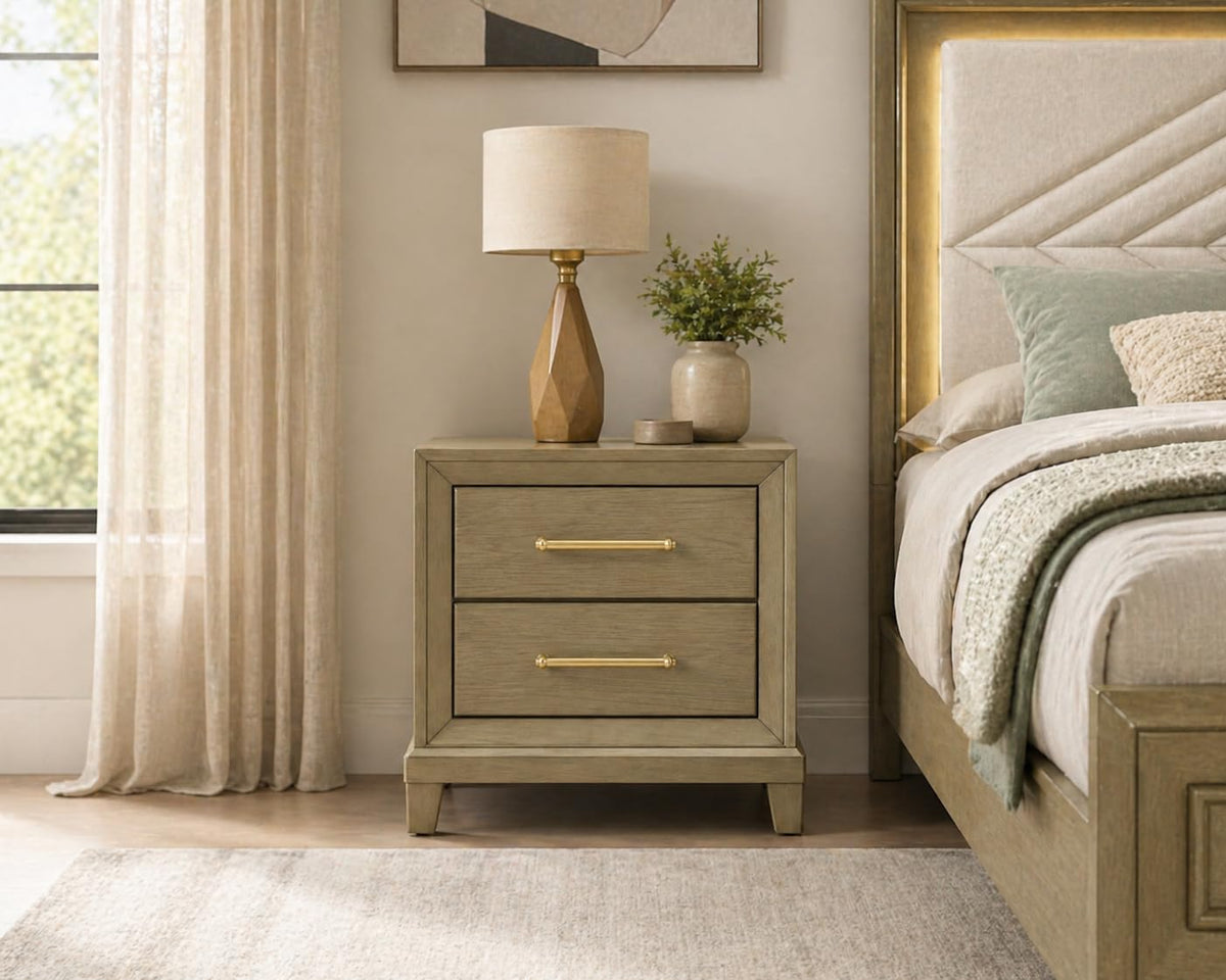 Dove 2-Drawer Wood Nightstand in Rustic Beige — styled product view
