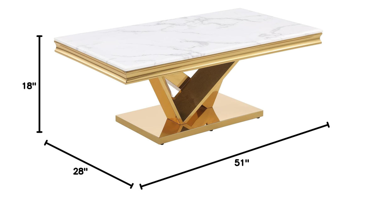 Thiago Contemporary White Rectangular Stone Coffee Table in Gold - side view