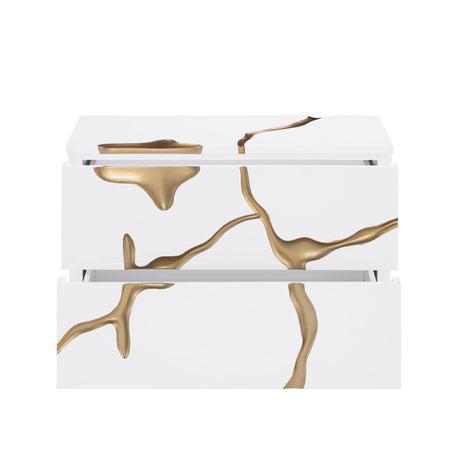 Trevello Modern High-Gloss Lacquered Left Nightstand, 2 Handle-Less Hand-Pull Drawers for Ample… - room setting