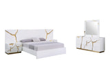 Trevello 5-Piece Modern High Gloss Lacquered Bedroom Set, California King Bed Frame in White/Gold