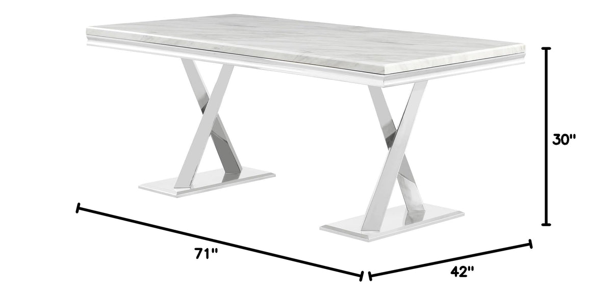 Leona Contemporary White Rectangular Faux Marble Dining Table in Silver - side view