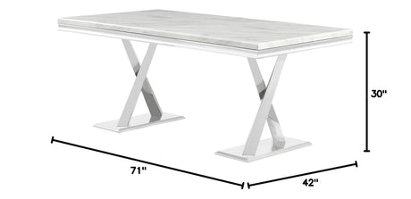 Leona Contemporary White Rectangular Faux Marble Dining Table in Silver - side view