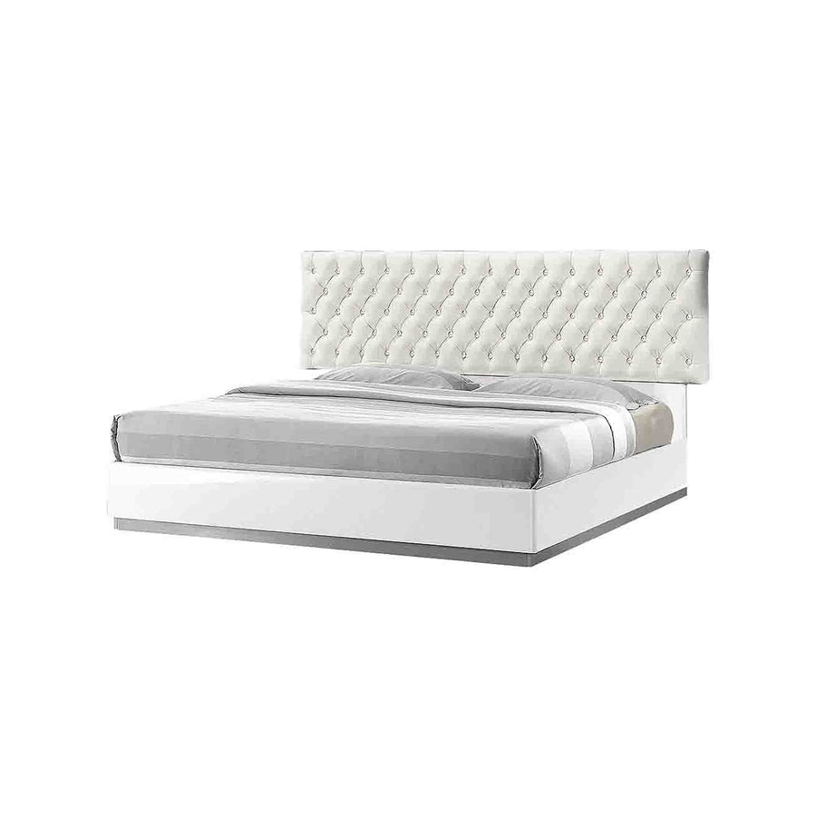 Seville Upholstered Platform Bed with Crystal-Tufted Faux Leather Headboard - Glam & White Lacquer with Silver Base