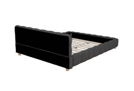 Ctoria Queen Burlap Bed Frame with 30" Curved Block-Style Headboard, Low Profile in Grey - room setting