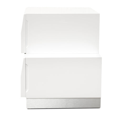 Spain 19" Modern Left-Hand Side 2-Drawer Bedroom Nightstand, Short Top Drawer in White/Silver - side view