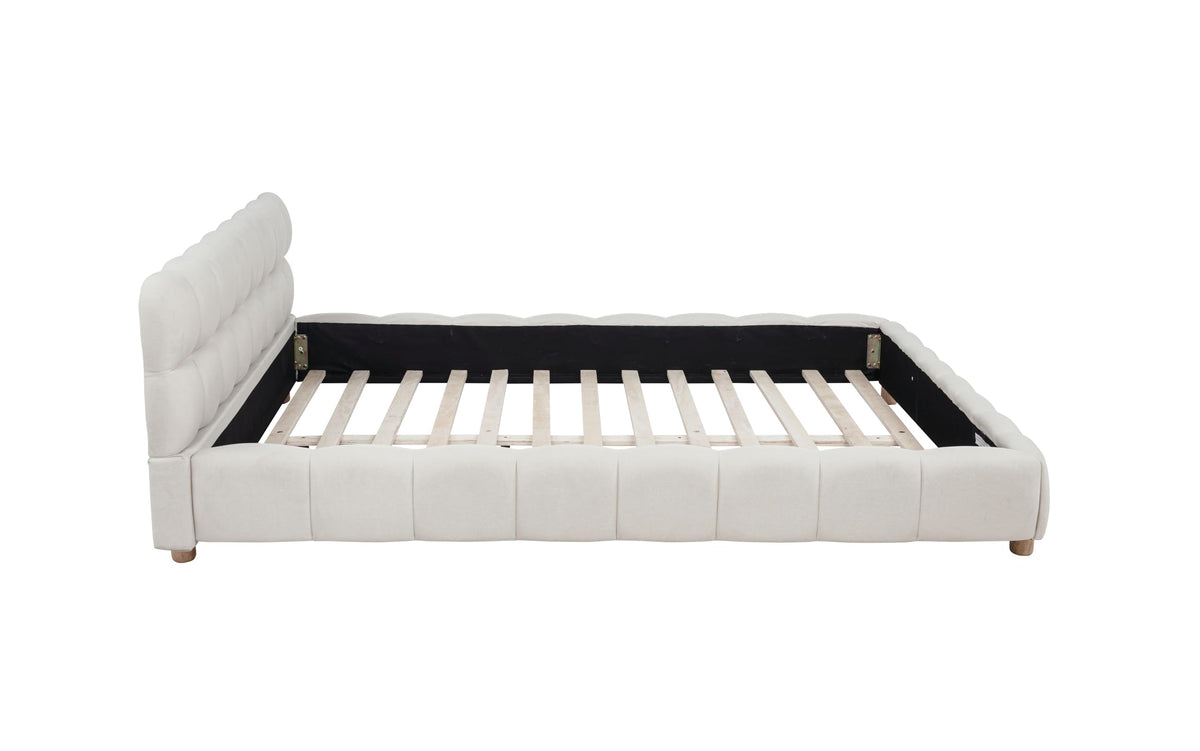 Ctoria Queen Burlap Bed Frame with 30" Curved Block-Style Headboard, Low Profile in Cream - angle view