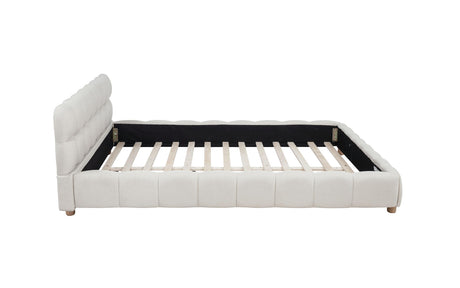 Ctoria Queen Burlap Bed Frame with 30" Curved Block-Style Headboard, Low Profile in Cream - angle view