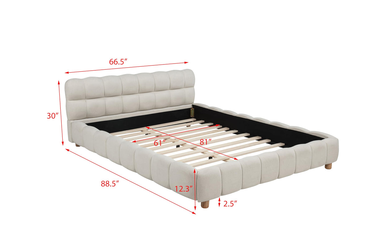 Ctoria Queen Burlap Bed Frame with 30" Curved Block-Style Headboard, Low Profile in Cream - side view