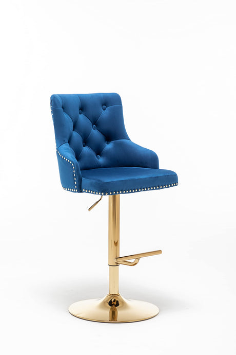 Brightcast 2-Piece Velvet Tufted Gold Bar Stools in Blue