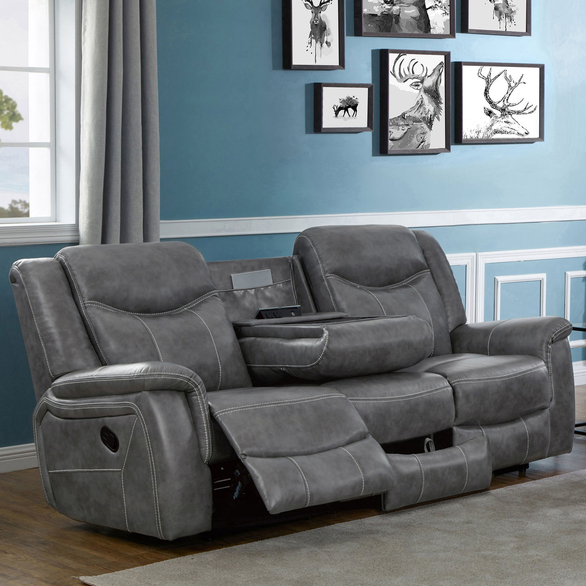 Conrad Reclining Sofa, Glider Loveseat & Recliner - Grey Faux Leather with Cup Holders & Power Outlets – view 1