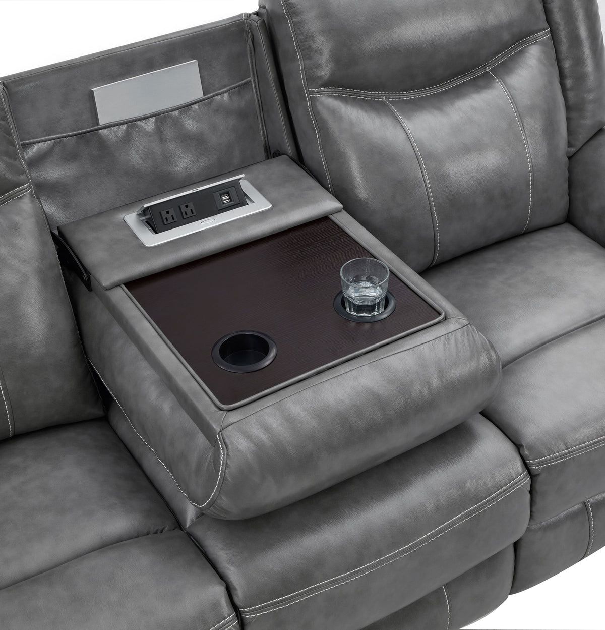 Conrad Reclining Sofa, Glider Loveseat & Recliner - Grey Faux Leather with Cup Holders & Power Outlets – view 15