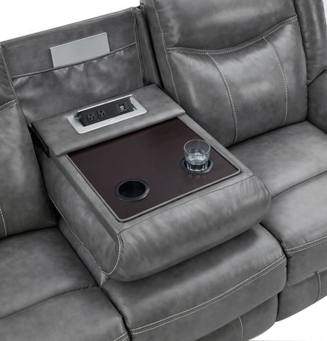 Conrad Reclining Sofa, Glider Loveseat & Recliner - Grey Faux Leather with Cup Holders & Power Outlets – view 15