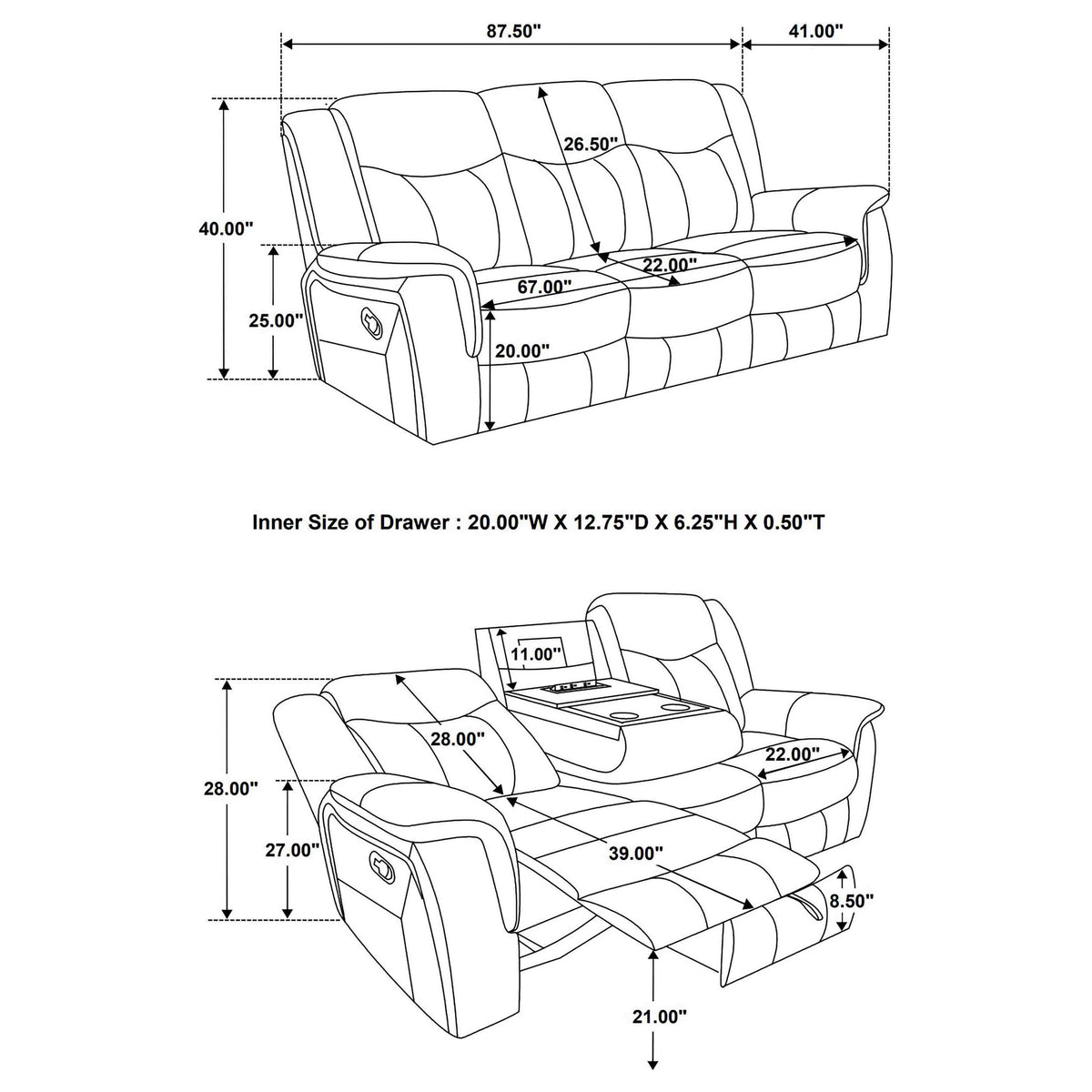 Conrad Reclining Sofa, Glider Loveseat & Recliner - Grey Faux Leather with Cup Holders & Power Outlets – view 18