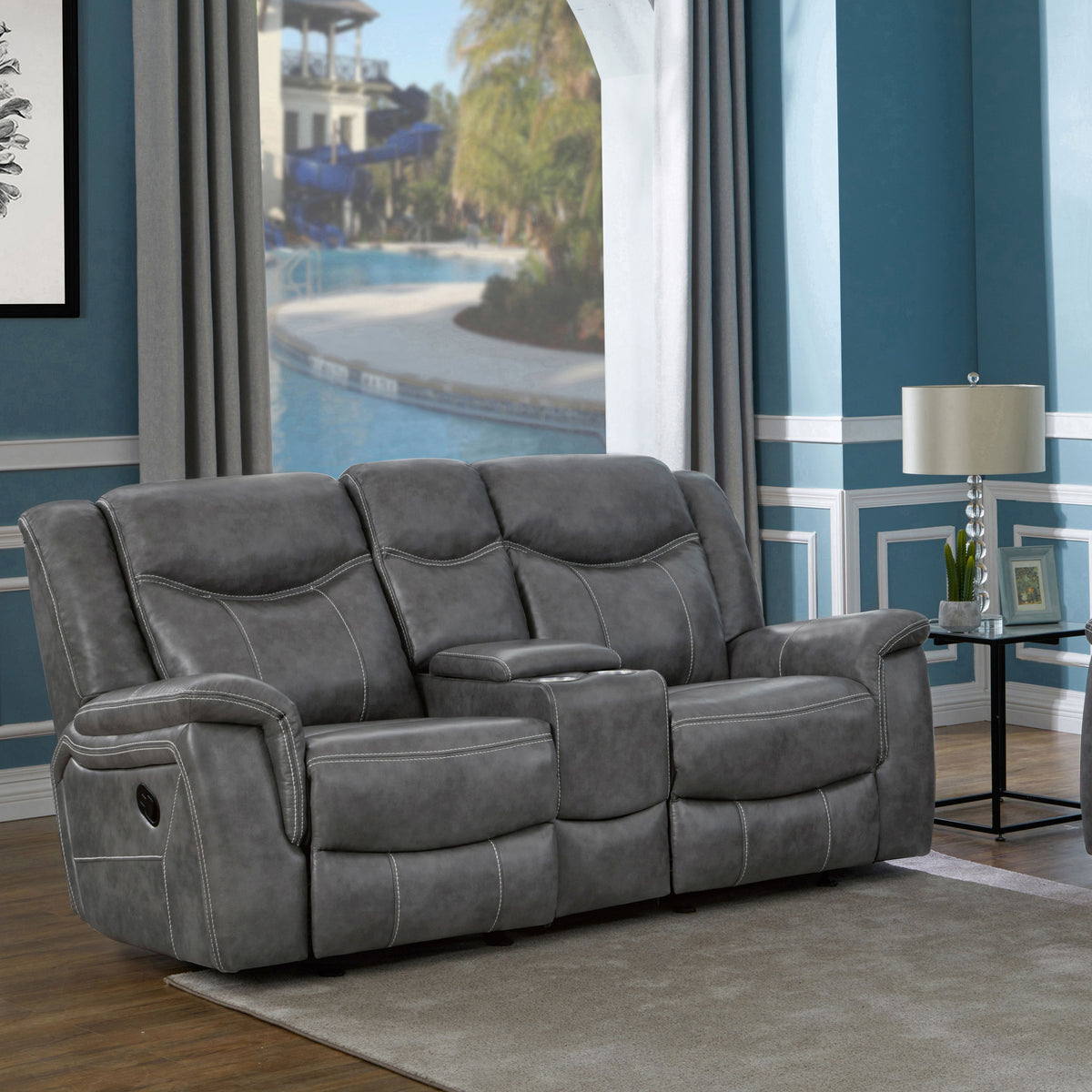 Conrad Reclining Sofa, Glider Loveseat & Recliner - Grey Faux Leather with Cup Holders & Power Outlets – view 2
