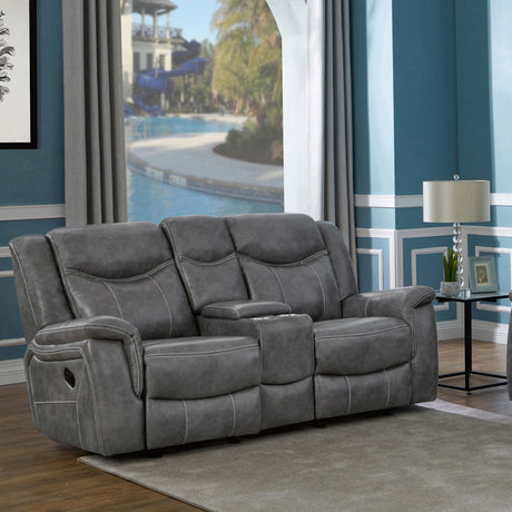 Conrad Reclining Sofa, Glider Loveseat & Recliner - Grey Faux Leather with Cup Holders & Power Outlets – view 2