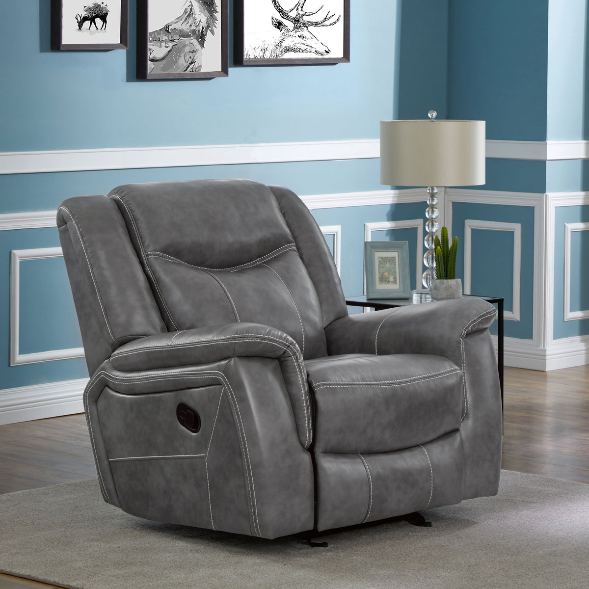 Conrad Reclining Sofa, Glider Loveseat & Recliner - Grey Faux Leather with Cup Holders & Power Outlets - lifestyle