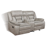 Greer Reclining Sofa, Glider Loveseat & Swivel Glider Recliner - Taupe Faux Leather with Power & USB – view 16