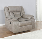 Greer Reclining Sofa, Glider Loveseat & Swivel Glider Recliner - Taupe Faux Leather with Power & USB - lifestyle