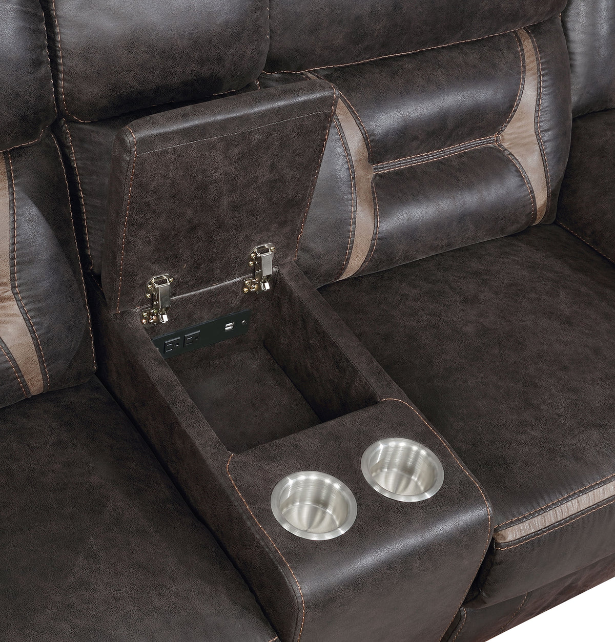 Greer Reclining Sofa, Glider Loveseat & Swivel Recliner - Brown Faux Leather with Power Hub & Cup Holders – view 17