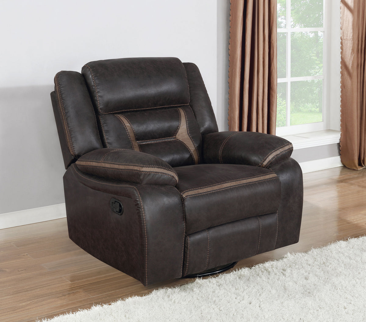 Greer Reclining Sofa, Glider Loveseat & Swivel Recliner - Brown Faux Leather with Power Hub & Cup Holders - lifestyle