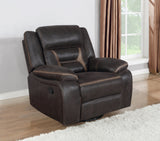 Greer Reclining Sofa, Glider Loveseat & Swivel Recliner - Brown Faux Leather with Power Hub & Cup Holders - lifestyle