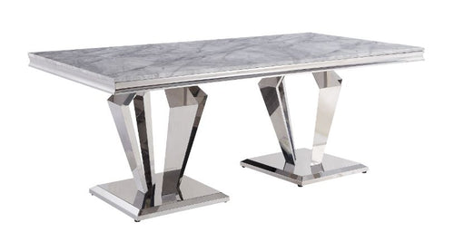 Satinka 79" Dining Table - Faux Marble Top & Stainless Steel Base in Light Gray & Silver