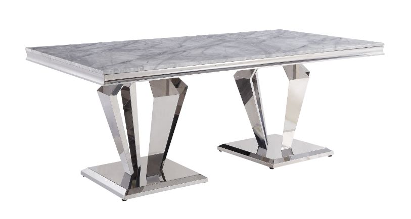 Satinka 79" Dining Table - Faux Marble Top & Stainless Steel Base in Light Gray & Silver