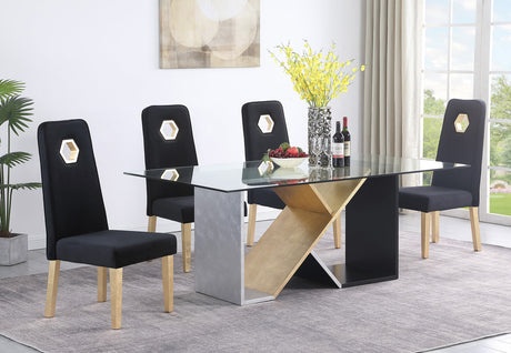 Dolan Dining Set featuring a glass table with an X-shaped gold and silver base and black velvet chairs.