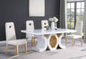Detail view of the FOAK high-gloss white tabletop surface and gold structural metal frame.