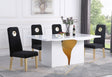Eterna 78 Inch White and Gold Dining Table with Black Upholstered Chairs and Geometric Gold Base