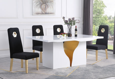 Eterna 78 Inch White and Gold Dining Table with Black Upholstered Chairs and Geometric Gold Base
