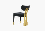 Side profile of the Amari Dining Chair highlighting the slim tapered leg design and metal detailing.
