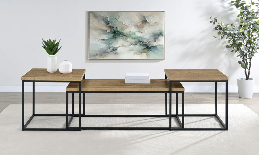 Straden 3-Piece Coffee Table Set - Industrial Mango Wood-Look Tops on Black Metal Frames