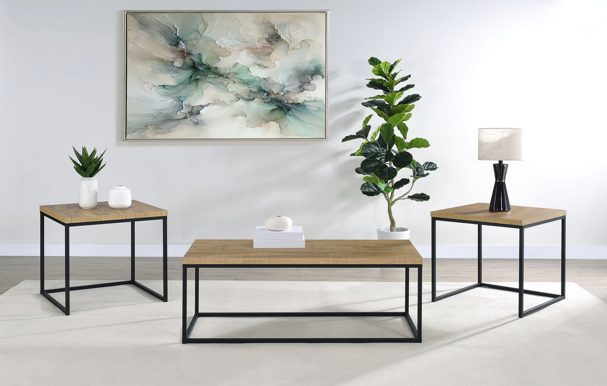 Straden 3-Piece Coffee Table Set - Industrial Mango Wood-Look Tops on Black Metal Frames – view 2