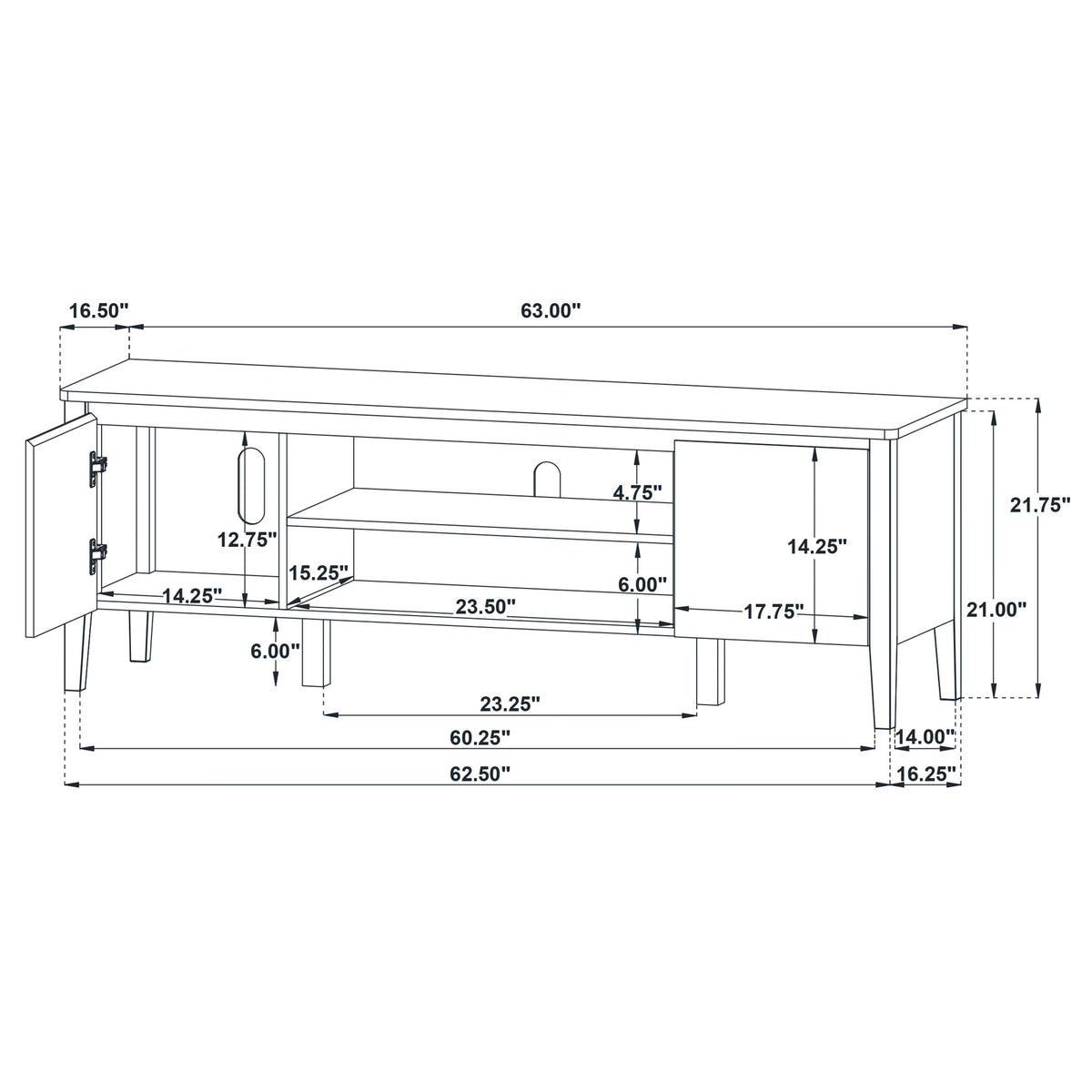 Thori 63" TV Stand - Dark Brown Ash Media Console with 2 Doors, Drawer & Tapered Legs – view 12