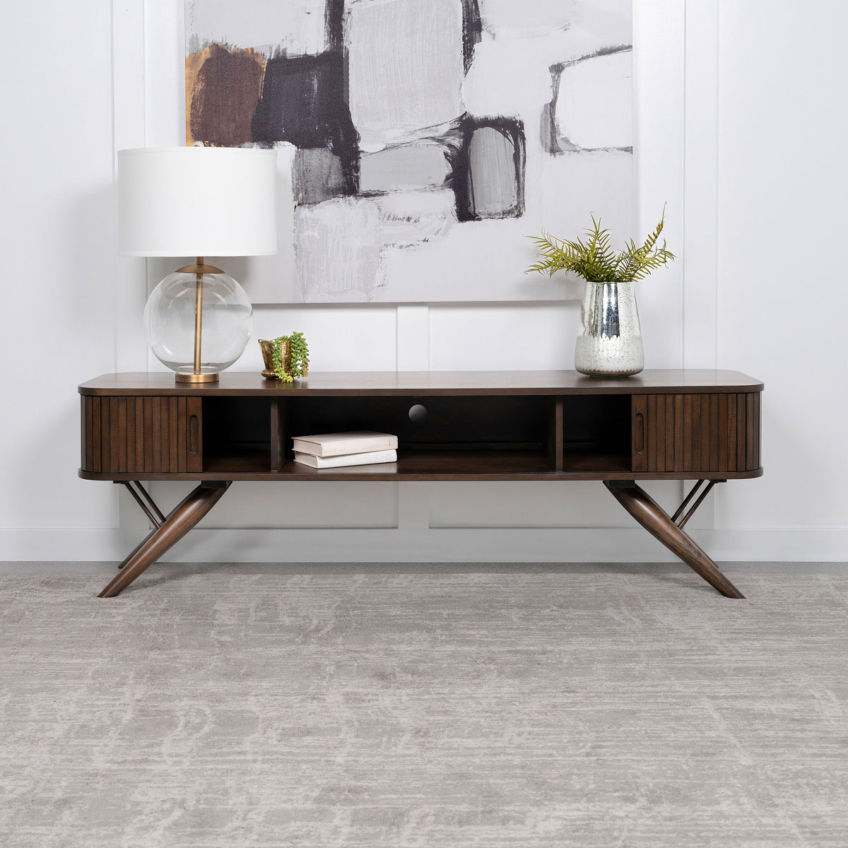 Valna 71" Mid-Century TV Stand with Sliding Doors - Warm Walnut Veneer Media Console – view 1