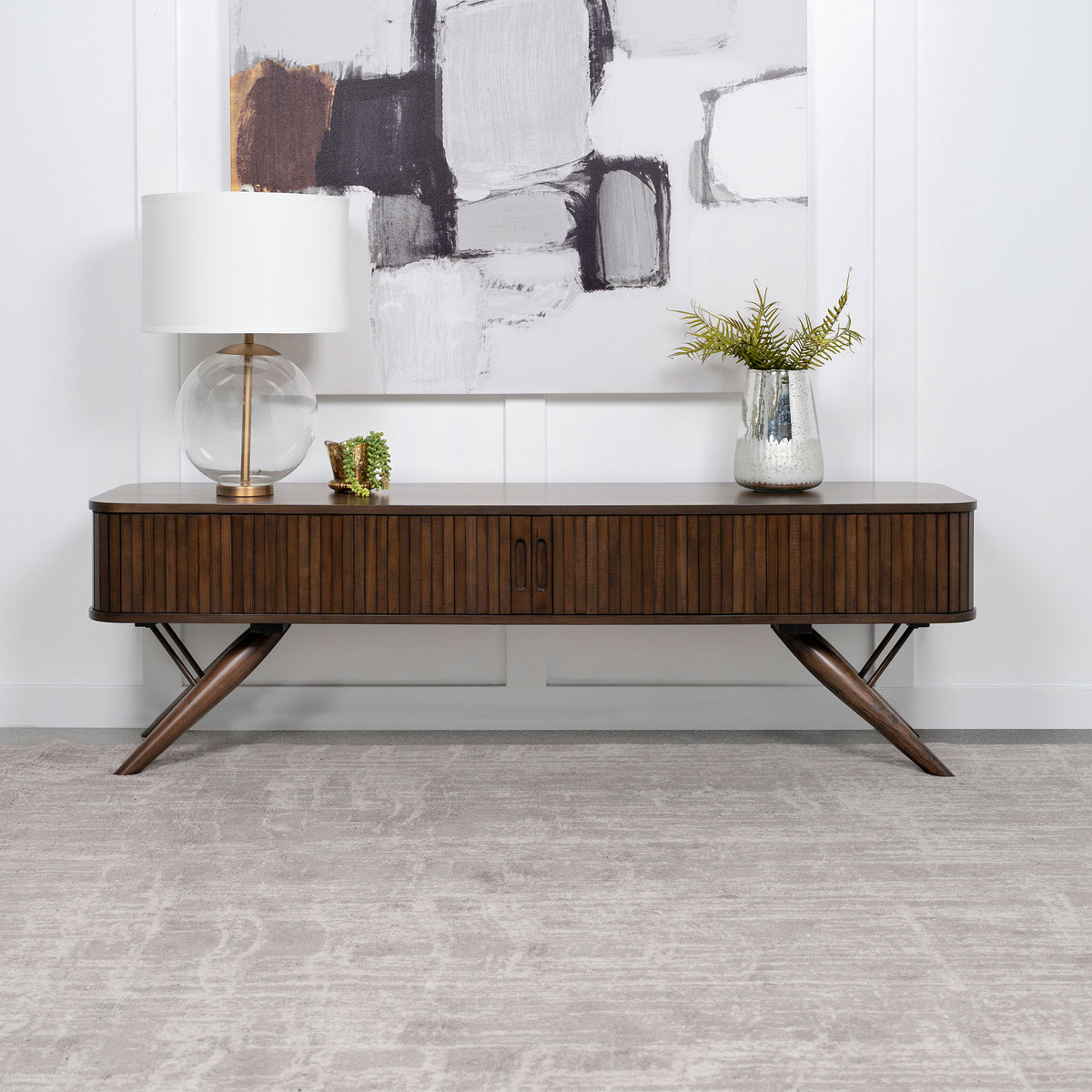 Valna 71" Mid-Century TV Stand with Sliding Doors - Warm Walnut Veneer Media Console – view 3