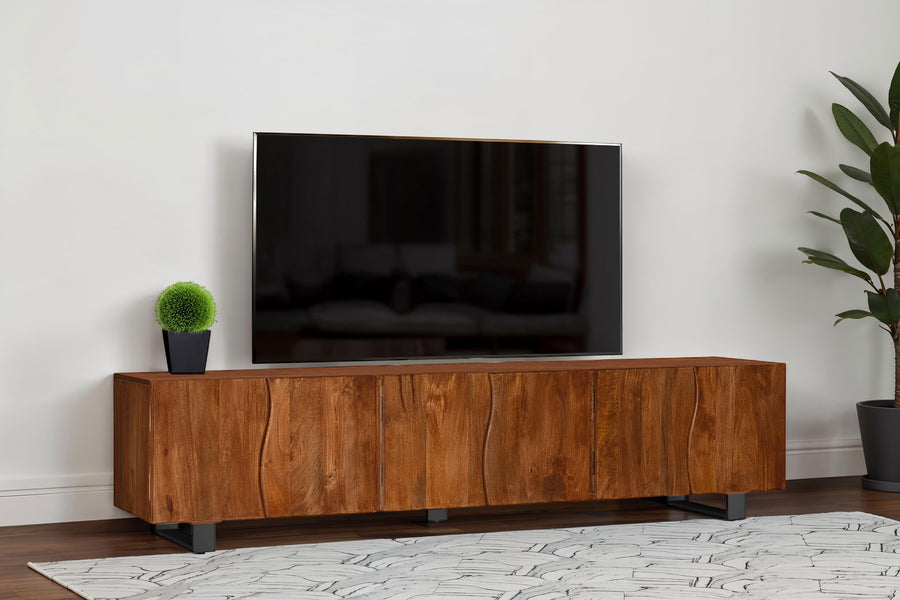 Trask 86" Solid Mango Wood TV Stand - Six-Door Media Console in Mango Brown with Metal Legs