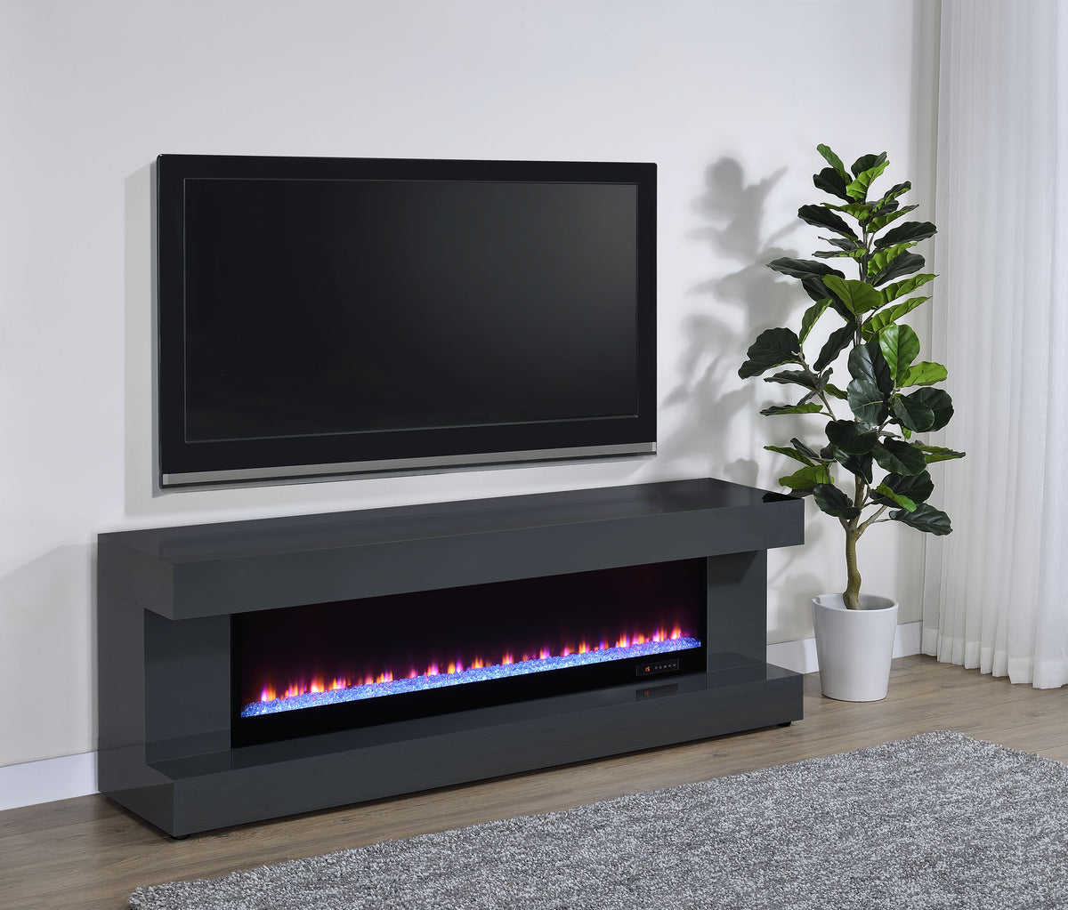 Mallory 71" Fireplace TV Stand with Bluetooth Speaker - Grey High Gloss with Flame Visualizer – view 1