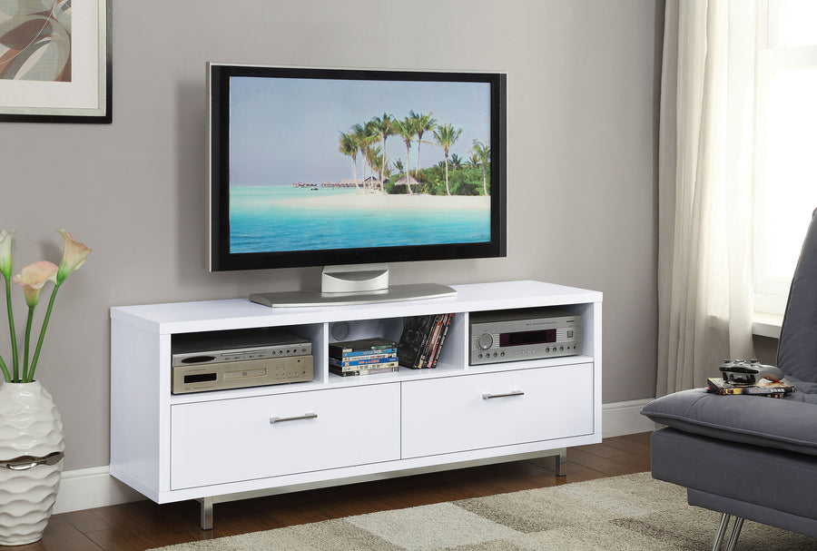 Casey 60" TV Stand with 2 Drawers - Contemporary White with Chrome Accents