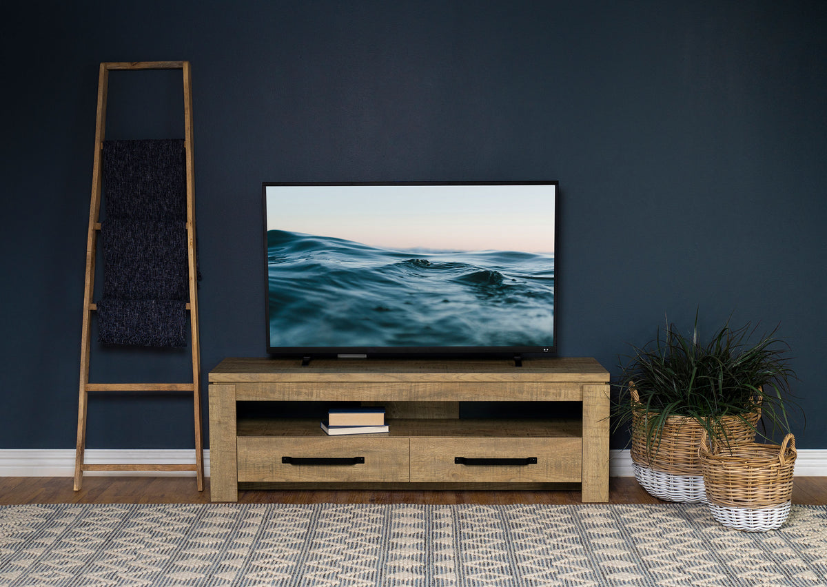 Elkton 59" 2-Drawer TV Stand - Rough Sawn Rustic Mango Finish with Black Pulls – view 1