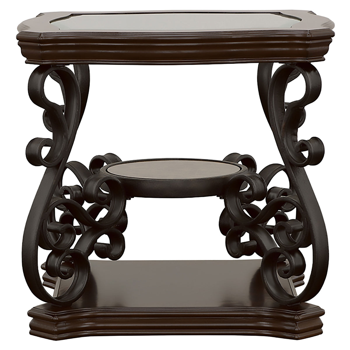 Laney Glass Top Coffee, End & Sofa Tables - Traditional Scrollwork in Dark Merlot & Bronze – view 17